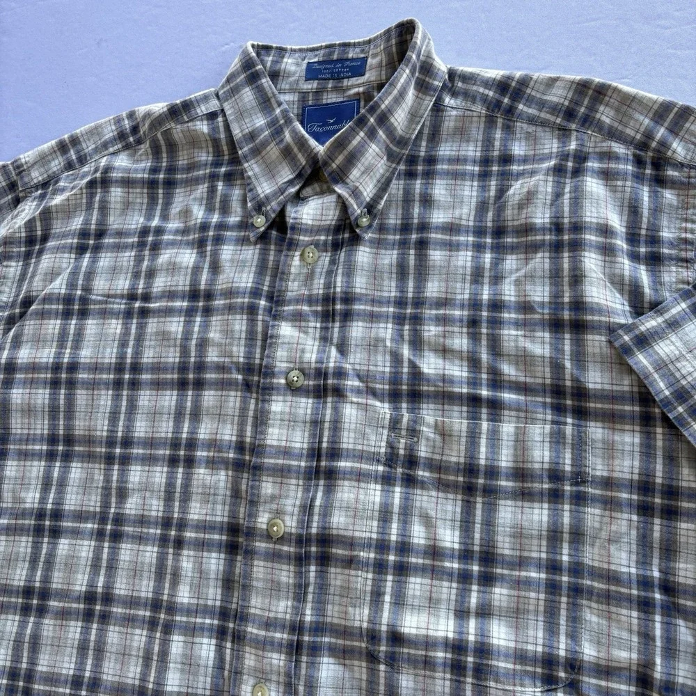 Faconnable Men's Plaid Button-Down Shirt Short Sleeve Cotton Size‎ L